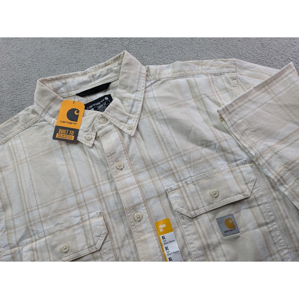 Carhartt Mens XL Tall Loose Fit Midweight SS Plaid Shirt Beige TW4625-M NWT